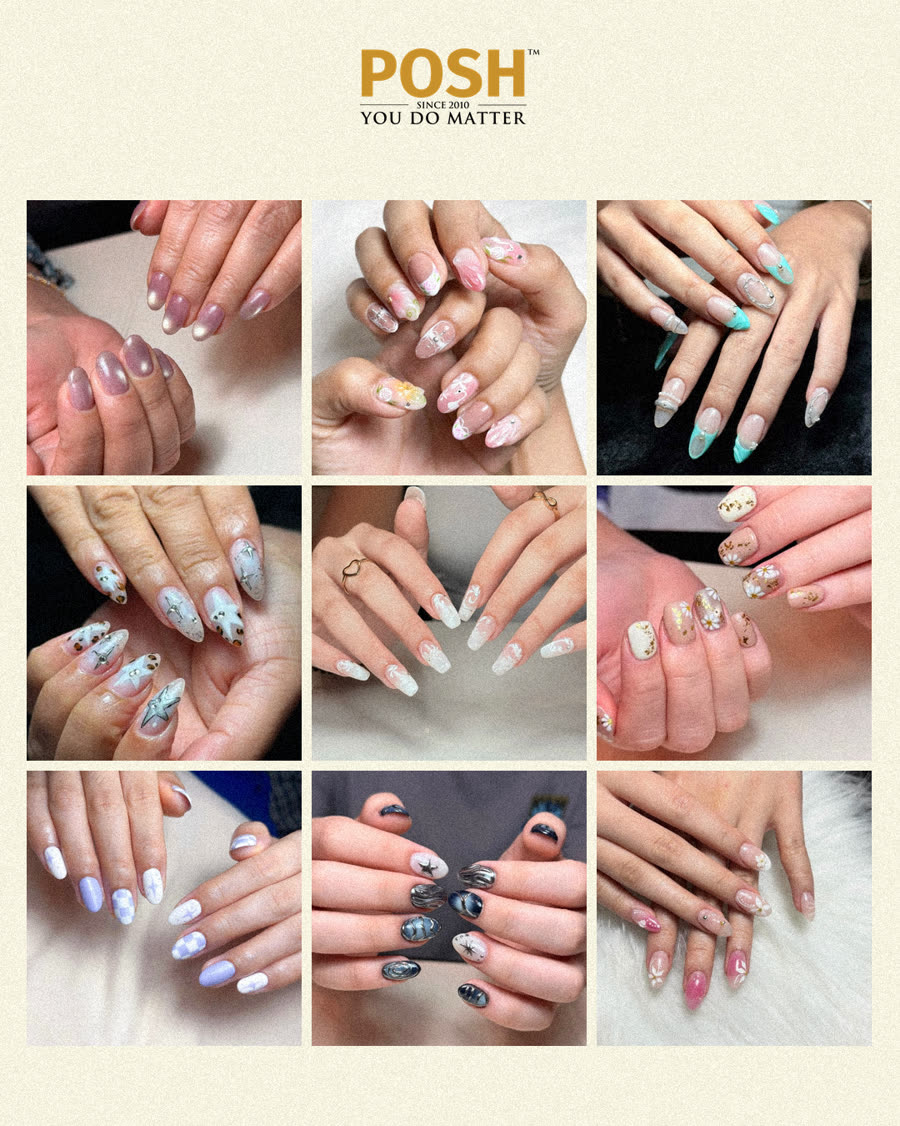 A grid of nine real POSH nail sets with the POSH logo. No words.