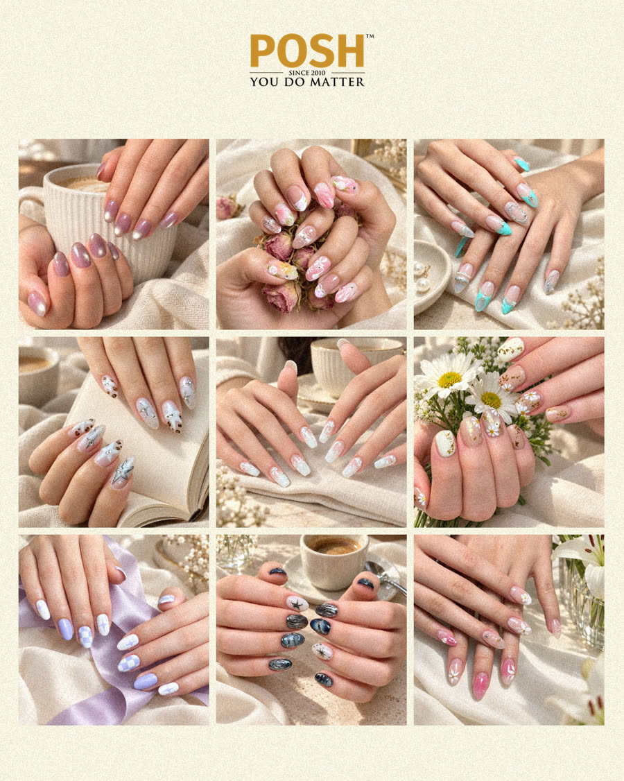 A grid of nine POSH nail-art sets in soft, everyday scenes, with the POSH logo. No words.